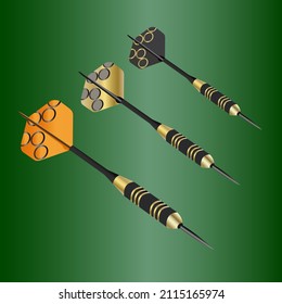 illustration depicting gaming darts in golden green tones for prints on labels, banners, postcards, as well as for decorating gaming halls and bars