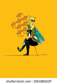 Illustration depicting a girl dressed as a bee with an awl cane. Computer graphics.