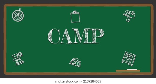 Illustration depicting a green chalkboard with a camp concept written on it in white.