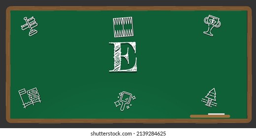 Illustration depicting a green chalkboard with a e concept written on it in white.