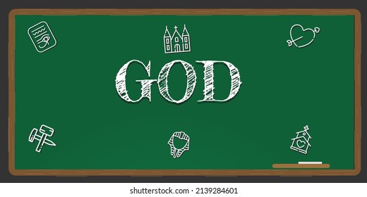 Illustration depicting a green chalkboard with a god concept written on it in white.