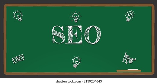 Illustration depicting a green chalkboard with a seo concept written on it in white.