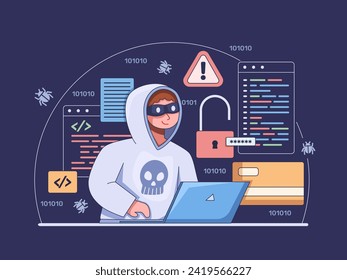 Illustration depicting a hacker engaged in illegal activities with a laptop. The background features coding language, security keys, and a credit card, symbolizing the tools and targets of cybercrime.