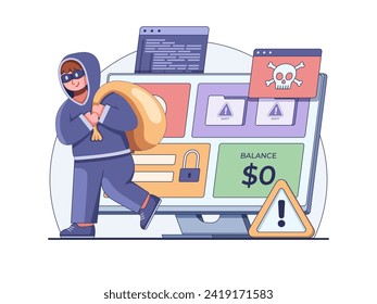 Illustration depicting a hacker stealing personal data from a computer. The hacker, wearing a black outfit and carrying a bag, symbolizes illegal activities in cyberspace.