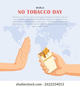 Ilustração representando uma mão oferecendo um cigarro e outra mão rejeitando-o, simbolizando a recusa e autocontrole. Ideal para o Dia Mundial sem Cigarro, educação em saúde ou promoções anti-tabagismo