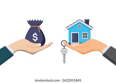 Illustration depicting the hands exchanging money for a house, symbolizing property sales or real estate transactions.