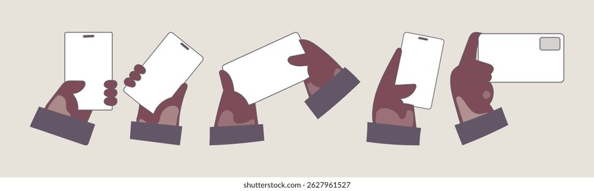Illustration depicting hands holding various electronic devices, ideal for mockups, presentations, and digital user interfaces.