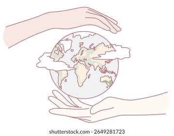 An illustration depicting hands protecting a globe, symbolizing environmental stewardship and global unity.