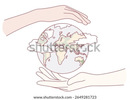 An illustration depicting hands protecting a globe, symbolizing environmental stewardship and global unity.
