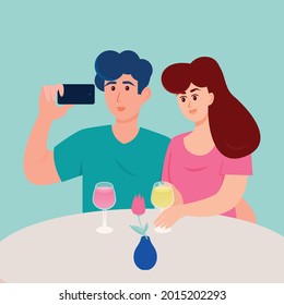 Illustration depicting a happy couple on a date taking a selfie. Vector illustration, love