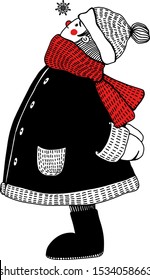 Illustration depicting a happy cute boy in a big coat, red scarf and a knitted cap looks at a snowflake. Hand drawn simple vector illustration