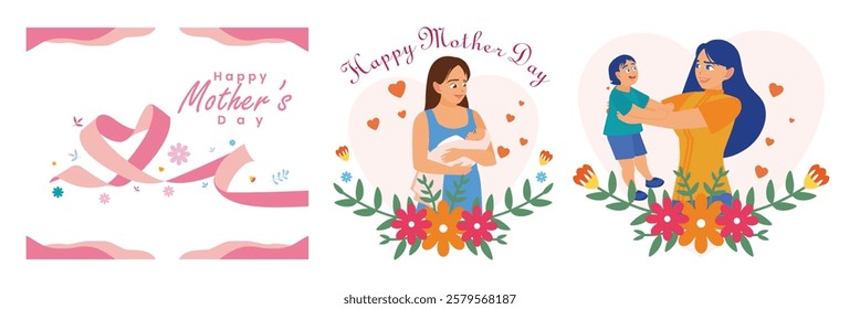 Illustration depicting Happy Mother's Day theme with mother, children, floral elements. Describes family relationships, love, and parenting. Mother's Day concept. Set flat vector illustration.