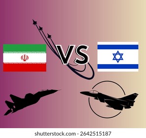 Ilustração mostrando o aumento das tensões militares e o potencial para conflito direto entre Irã e Israel, simbolizado por suas bandeiras e jatos de combate. 