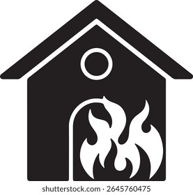 Ilustração representando uma silhueta da casa com chamas proeminentes dentro. O gráfico usa um design minimalista com uma janela circular e um telhado de vidro.