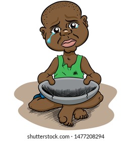 Illustration Depicting A Hungry Needy Child Without Food Starving, Afro Descendant. Ideal For Institutional Materials And Advertisements