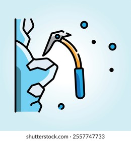 An illustration depicting ice climbing, showcasing an ice axe being used to scale a frozen mountain wall.  A winter adventure.