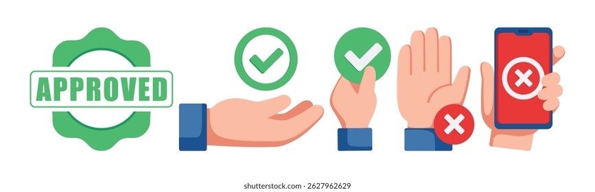 An illustration depicting icons representing approval and rejection. The imagery includes checkmarks, a cross, and hands interacting with a smartphone to show acceptance and denial.