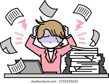 Ilustración que representa una Imagen de carga de trabajo abrumadora con montones de documentos esparcidos por todas partes. Los desafíos laborales de una trabajadora de oficina.
