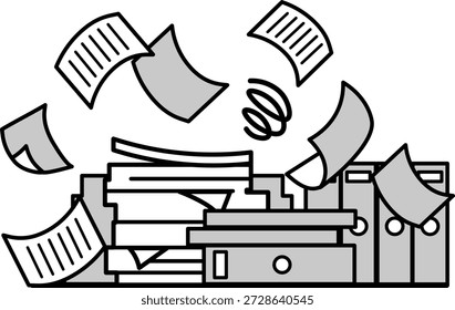 Ilustração que descreve o trabalho ineficiente no escritório com documentos de papel dispersos e papel não gerenciável