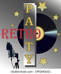 illustration depicting the inscription retro party on the background of a vinyl gramophone record and a microphone in vintage style for interior decoration of nightclubs, bars, discos and prints