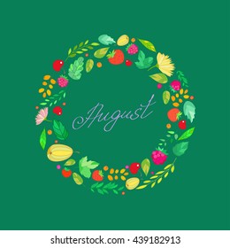 illustration depicting the inscriptions August in frame of the berries, leaves and branches on a cobalt background