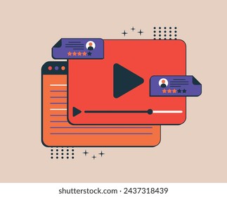 Illustration depicting an internet or web video player, complete with rating stars and messages. This vector illustration is suitable for use in UI, web banners, and mobile apps.