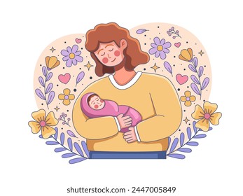 Illustration depicting the intimate bond between mother and baby, with the mother carry and loving her baby. Perfect for celebrating Mother's Day, blogs, infographics, greeting cards, etc.