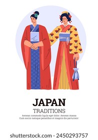 An illustration depicting Japanese culture on a white background. A vector poster with an empty space for text depicting young girls in a traditional kimono with a beautiful pattern