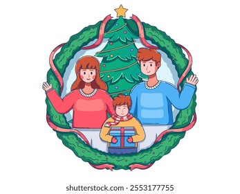 illustration depicting a joyful family of three celebrating Christmas. The family is framed by a decorative Christmas wreath adorned with red ribbons, creating a festive ambiance.