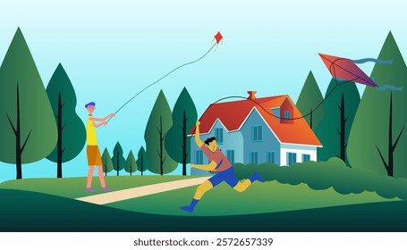 Illustration depicting the joyous Makar Sankranti festival, featuring two boys enthusiastically flying kites while running. This is a vector design representation.