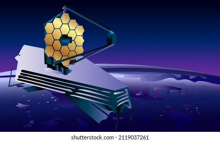 illustration depicting the latest telescope with golden, hexagonal mirrors in outer space for the design of scientific and technical content and websites