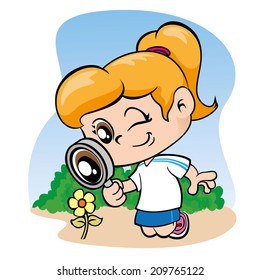 Illustration depicting a little girl watching flowers with a magnifying glass