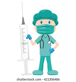 Illustration depicting a man professional mascot, doctor or surgeon with a syringe and a stethoscope. Ideal for field training and institutional