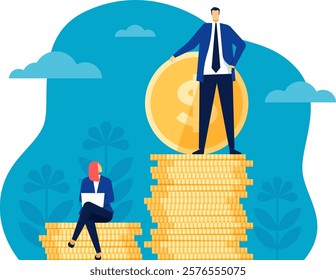 Illustration depicting a man and woman on stacks of coins, symbolizing business growth and gender pay gap. The man stands confidently, while the woman sits, highlighting economic disparity