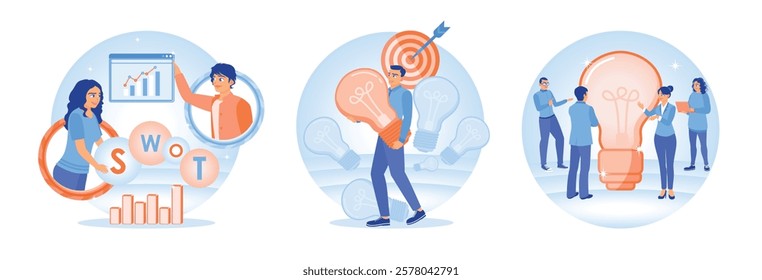 Illustration depicting management project. SWOT analysis, development ideas, and business team collaboration. Business Analysis Instruments concept. Set flat vector illustration. 