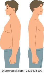 Illustration depicting a man's body before and after weight loss, showing a significant transformation from overweight to a healthier, fitter physique. Ideal for health, diet, and fitness concepts.