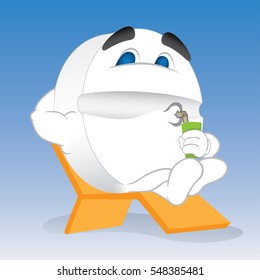 Illustration depicting the mascot depressed or pill relaxing on a beach chair, resting. Ideal for catalogs, information and medicine guides