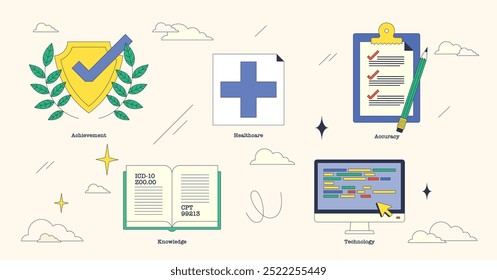 Illustration, die Zertifizierungselemente für medizinische Codierung wie Schild, Kreuz und Computer in einer Sammlung im Neubrutalismus-Stil darstellt.