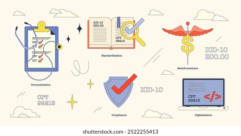 Illustration, die medizinische Kodierungselemente wie Dokumentation, Standardisierung und Compliance in der neubrutalistischen Stilsammlung darstellt.