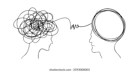 Illustration depicting mental chaos and clarity in communication between two individuals