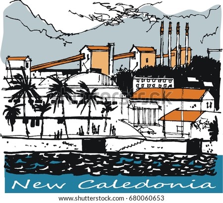 Illustration depicting  mining buildings, port of Noumea, New Caledonia