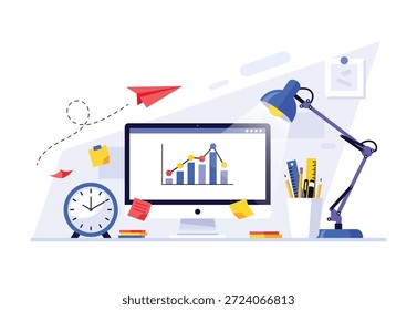 Una ilustración que representa una configuración de escritorio moderna, con un monitor de computadora que muestra un gráfico de barras con una tendencia ascendente, que simboliza el crecimiento y el progreso. Varios suministros de oficina, como una lámpara de escritorio, un reloj, bolígrafos y aviones de papel, están dispuestos alrededor del espacio de trabajo, lo que sugiere productividad y creatividad.