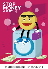 An illustration depicting money laundering with coins sitting on top of a washing machine and scattered money below.