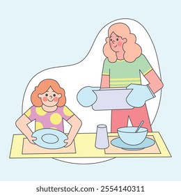 An illustration depicting a mother and her child collaboratively setting the dinner table, highlighting shared responsibility, teamwork, and family bonding during mealtime.