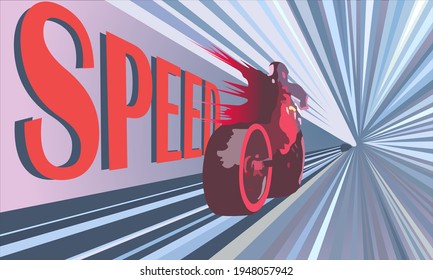 illustration depicting a motorcyclist on a motorcycle in motion and the inscription speed