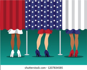 Illustration Depicting Multicultural Women Voting At A Voting Booth Or Polling Place. Eps10 Vector.