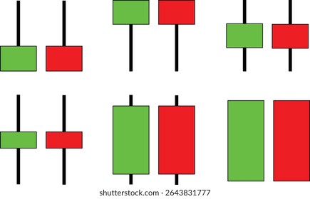 Illustration depicting multiple candlestick chart patterns used in technical analysis for trading insights. Useful for financial presentations, stock market studies, and investment learning resources.