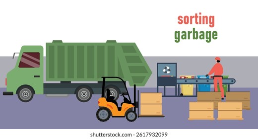 Illustration depicting a municipal green garbage truck, an orange forklift moving cardboard boxes, and a worker sorting waste on a conveyor belt into different colored bin