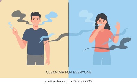 Illustration depicting the negative effects of secondhand smoke on others showing a man smoking and a woman coughing.