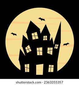 
An illustration depicting an ominous black castle against the backdrop of a huge moon. The bats. Halloween holiday